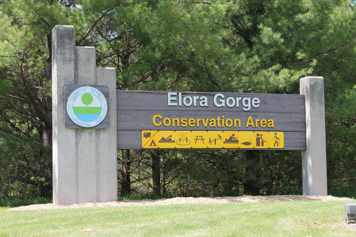 Front gate sign of the Elora Gorge Conservation Area, operated by the Grand River Conservation Authority.